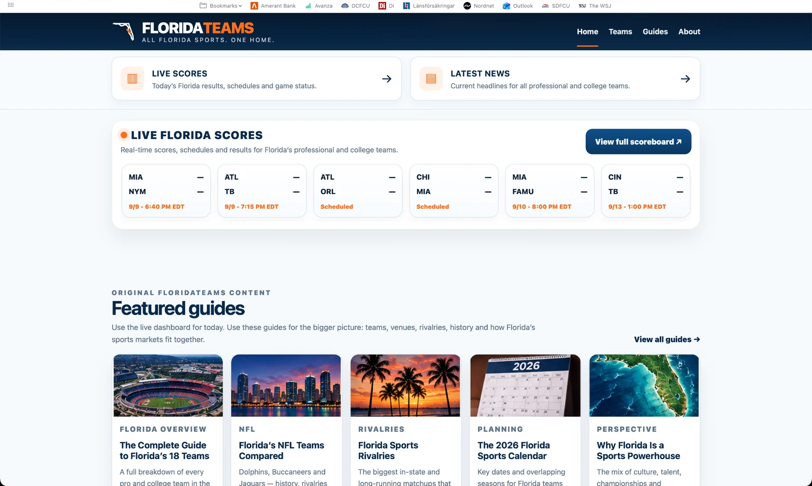 Homepage screenshot of FloridaTeams.com