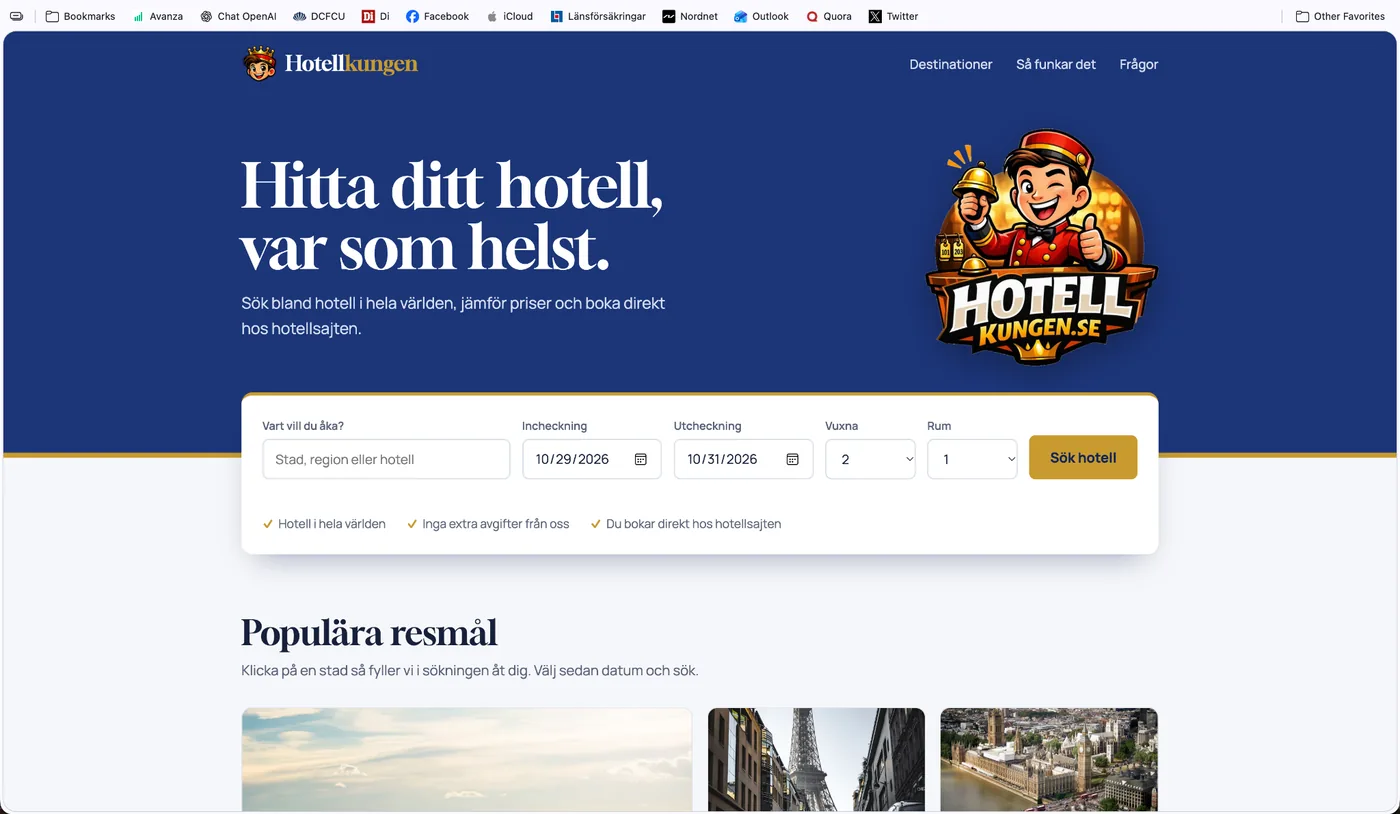 Homepage screenshot of Hotellkungen.se
