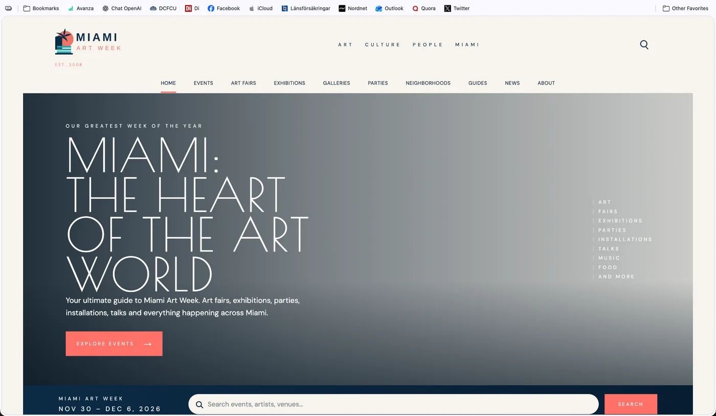 Homepage screenshot of MiamiArtWeek.com