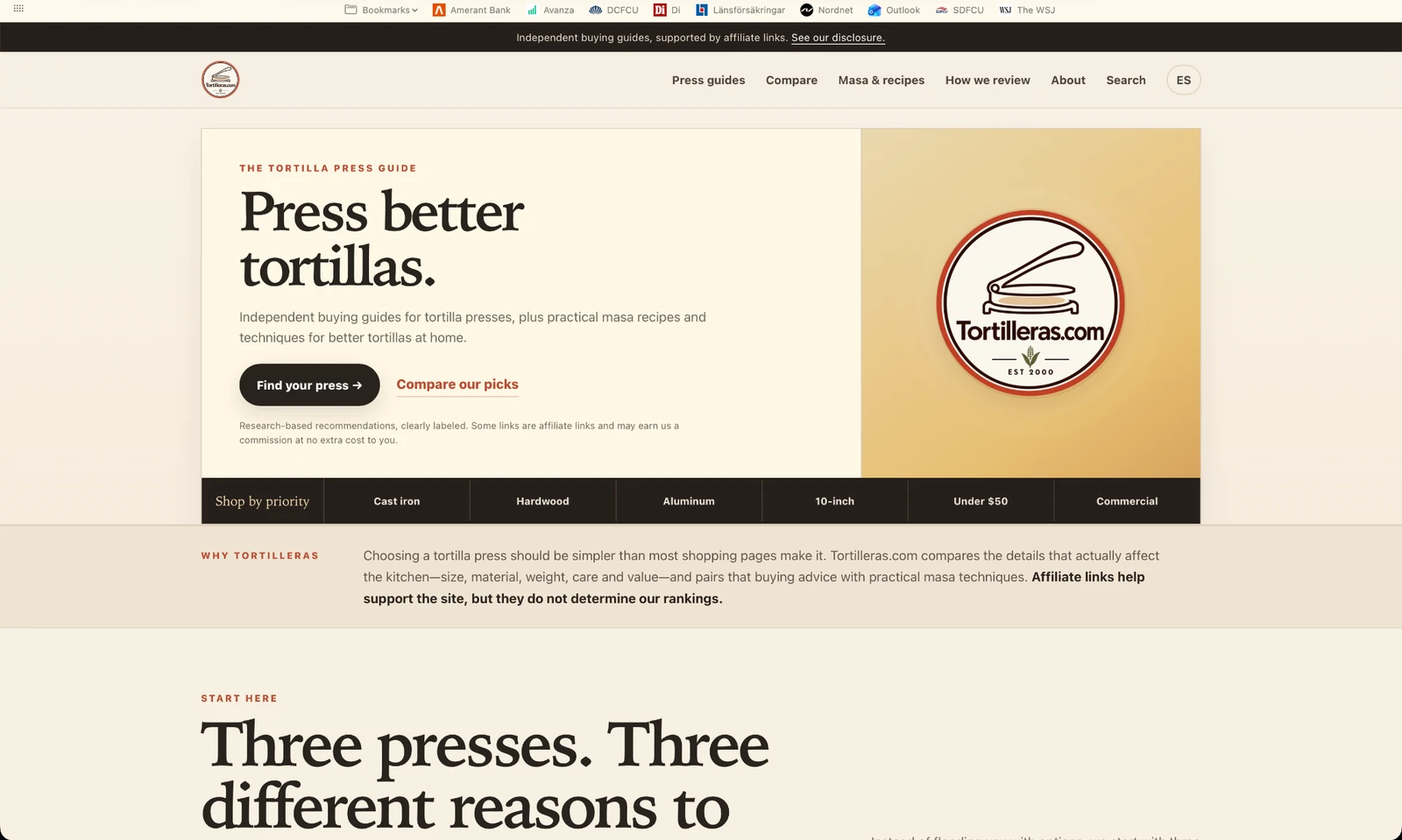 Homepage screenshot of Tortilleras.com