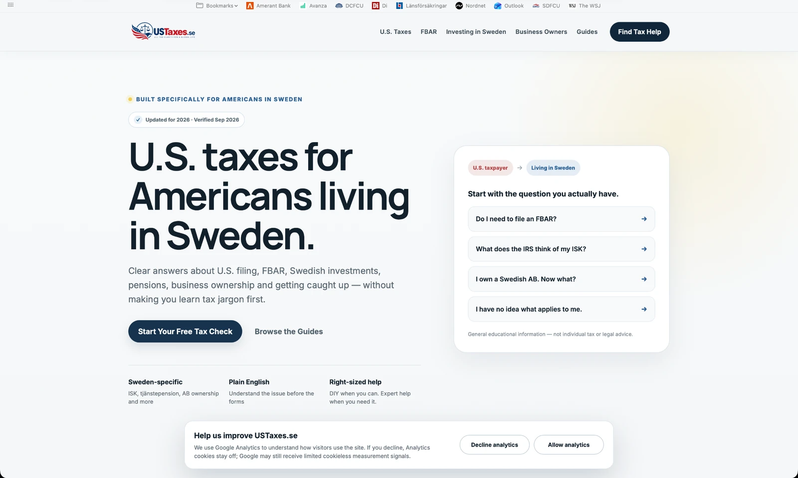 Homepage screenshot of USTaxes.se